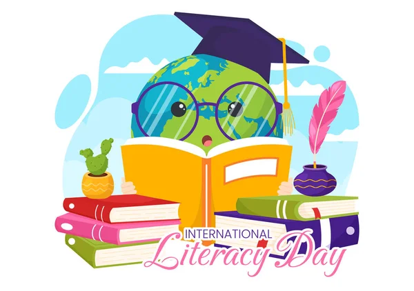 International Literacy Day Vector Illustration 8Th September Book Educational Equipment - Stok Vektor