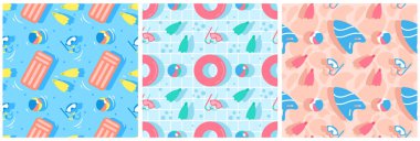 Düz Çizgi Film El Şablonunda Yaz Tatil Elemanı ile Yüzme Havuzu Kusursuz Desensiz Şekil Vektörü İllüstrasyonu