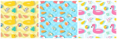 Düz Çizgi Film El Şablonunda Yaz Tatil Elemanı ile Yüzme Havuzu Kusursuz Desensiz Şekil Vektörü İllüstrasyonu