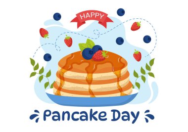 Pancake Day Vector Illustration a Plate of Pancakes Topped with Syrup, Cherries and Blueberries in Homemade Bakery Flat Cartoon Hand Drawn Templates