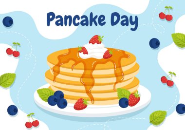 Pancake Day Vector Illustration a Plate of Pancakes Topped with Syrup, Cherries and Blueberries in Homemade Bakery Flat Cartoon Hand Drawn Templates