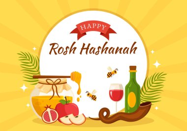 Happy Rosh Hashanah Vector Illustration of Jewish New Year Holiday with Apple, Pomegranate, Honey and Bee in Flat Cartoon Hand Drawn Templates