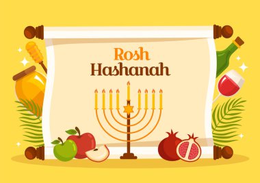 Happy Rosh Hashanah Vector Illustration of Jewish New Year Holiday with Apple, Pomegranate, Honey and Bee in Flat Cartoon Hand Drawn Templates