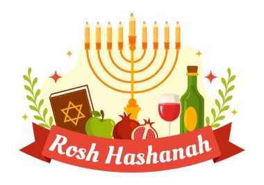 Happy Rosh Hashanah Vector Illustration of Jewish New Year Holiday with Apple, Pomegranate, Honey and Bee in Flat Cartoon Hand Drawn Templates