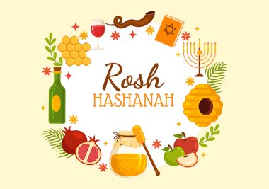 Happy Rosh Hashanah Vector Illustration of Jewish New Year Holiday with Apple, Pomegranate, Honey and Bee in Flat Cartoon Hand Drawn Templates