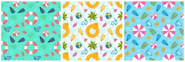 Düz Çizgi Film El Şablonunda Yaz Tatil Elemanı ile Yüzme Havuzu Kusursuz Desensiz Şekil Vektörü İllüstrasyonu