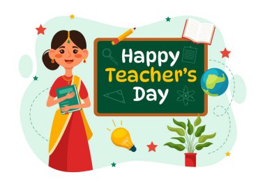 Hindistan 'da Öğretmenler Günün Kutlu Olsun Vektör İllüstrasyonu Öğretmenler Eğitimde Geleneksel Giysiler Düz Çizgili Çizim El Arka plan Şablonları Giyiyor