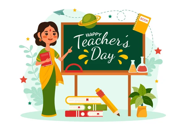 Happy Teacher Day India Vector Illustration Teachers Wear Traditional Clothes - Stok Vektor