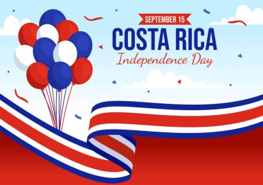 Kosta Rika Vektör İllüstrasyonu 'nun 15 Eylül' deki Bağımsızlık Günü 'nde Sallanan Bayrak Arkaplanı ve El Şablonu Konfeti