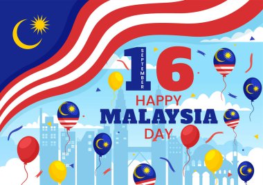 Mutlu Malezya Günü Kutlama Vektörü İllüstrasyonları 16 Eylül 'de Sallanan Bayrak ve İkiz Kuleler Çizim Elleri Şablonlarında