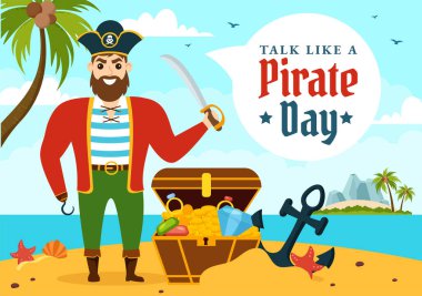 Web Banner ya da İniş Sayfası Şablonu İçin El Çizimi Şirin Korsan Çizimi Çizimi Uluslararası Talk Like A Pirate Day Vector Illustration