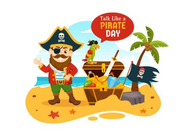 Web Banner ya da İniş Sayfası Şablonu İçin El Çizimi Şirin Korsan Çizimi Çizimi Uluslararası Talk Like A Pirate Day Vector Illustration
