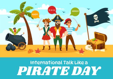 Web Banner ya da İniş Sayfası Şablonu İçin El Çizimi Şirin Korsan Çizimi Çizimi Uluslararası Talk Like A Pirate Day Vector Illustration