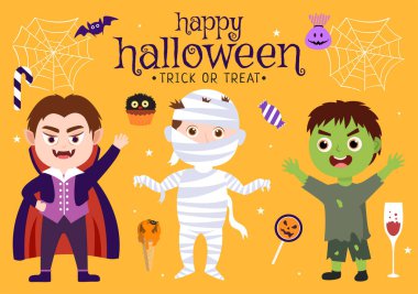 Cadılar Bayramı Elementleri Vektör İllüstrasyonunu Hayaletler, Balkabakları, Kurukafalar, Şekerler ve Daha Fazla Çizgi Roman Şablonlarıyla Ayarla