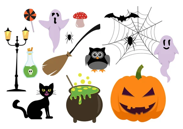 Set Halloween Element Vektor Illustration Med Olika Typer Saker Som — Stock vektor