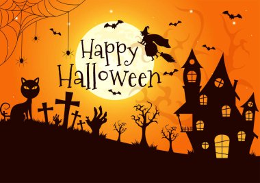 Ay Işığında Kabaklarla Cadılar Bayramı Gecesi Vektör Resimleri ve Düz Çizim El Şablonu 'nda Birkaç Diğer Element