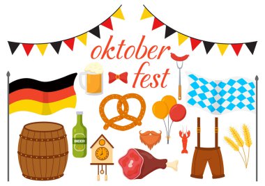 Mutlu Oktoberfest Festivali Elementlerin Bira, Sosis, Fıçı, Almanya Bayrağı ve Daha Fazla Çizgi Film Tasarım Şablonu İllüstrasyonları
