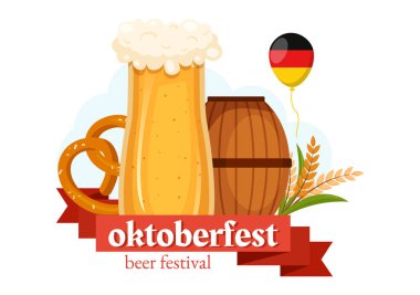 Mutlu Oktoberfest Festivali Elementlerin Bira, Sosis, Fıçı, Almanya Bayrağı ve Daha Fazla Çizgi Film Tasarım Şablonu İllüstrasyonları
