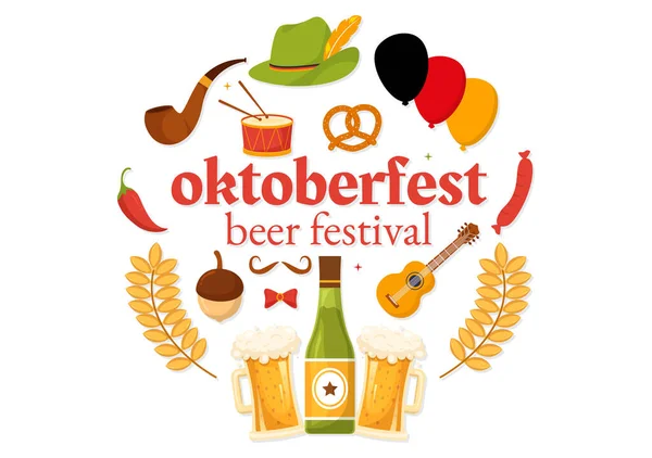 一套快乐的Oktoberfest节元素矢量图解与啤酒 德国国旗和更多卡通背景设计模板 — 图库矢量图片