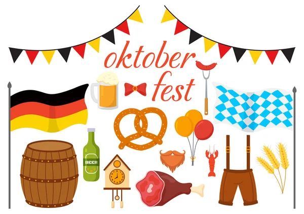 Set Happy Oktoberfest Festival Elementos Ilustración Vectorial Con Cerveza Salchichas — Archivo Imágenes Vectoriales