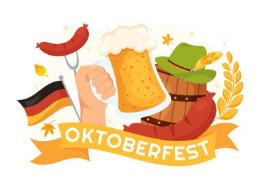 Mutlu Oktoberfest Parti Festivali Vektör İllüstrasyonu Bira, Sosis, Zencefilli Ekmek, Alman Bayrağı ve Flat Çizim El Çizim Şablonları