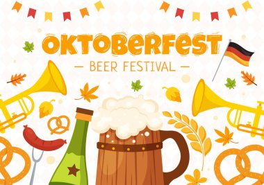 Mutlu Oktoberfest Parti Festivali Vektör İllüstrasyonu Bira, Sosis, Zencefilli Ekmek, Alman Bayrağı ve Flat Çizim El Çizim Şablonları
