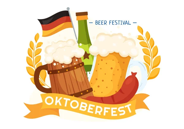 Happy Oktoberfest Party Festival Vector Illustratie Met Bier Worst Peperkoek — Stockvector