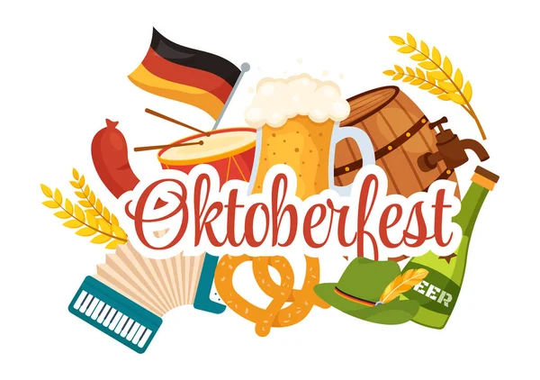 Happy Oktoberfest Party Festival Vector Illustratie Met Bier Worst Peperkoek — Stockvector