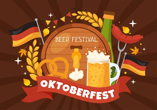 Glad Oktoberfest Fest Vektor Illustration Med Korv Pepparkakor Tyska Flaggan — Stock vektor