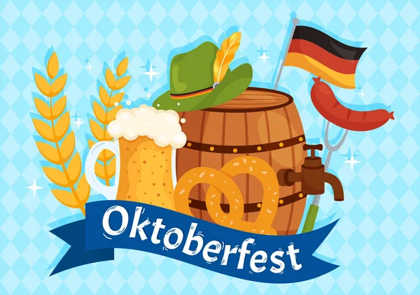 快乐的Oktoberfest党的节日矢量插图啤酒 德国国旗和背景漫画手绘模板 — 图库矢量图片