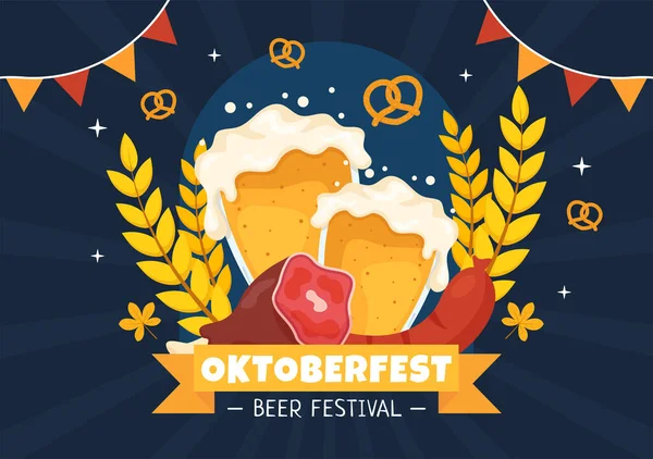 Feliz Oktoberfest Party Festival Vector Ilustração Com Cerveja Salsicha Pão —  Vetores de Stock