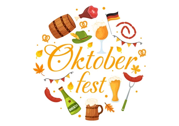 Happy Oktoberfest Party Festival Illustration Vectorielle Avec Bière Saucisse Pain — Image vectorielle