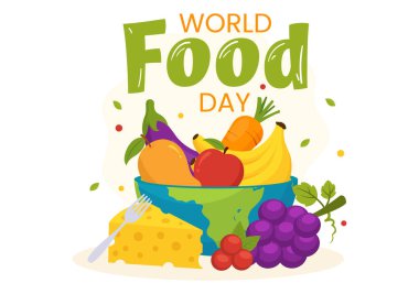 Dünya Gıda Günü Vektör Resimleri 16 Ekim 'de Çeşitli Gıda, Meyve ve Sebzelerle Çizilmiş Çizilmiş Çizgi El Arka plan Şablonu