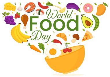 Dünya Gıda Günü Vektör Resimleri 16 Ekim 'de Çeşitli Gıda, Meyve ve Sebzelerle Çizilmiş Çizilmiş Çizgi El Arka plan Şablonu