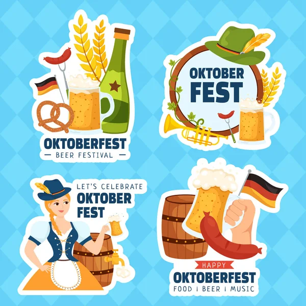 Oktoberfest Festival Cerveza Etiqueta Dibujos Animados Planos Plantillas Dibujadas Mano — Vector de stock