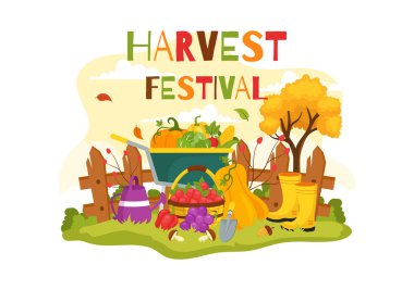 Pumpkins, Maple Leaves, Fruits, Sebze ve Flat Şablonu 'nda Mutlu Sonbahar Festivali İllüstrasyonları