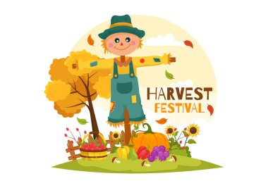 Pumpkins, Maple Leaves, Fruits, Sebze ve Flat Şablonu 'nda Mutlu Sonbahar Festivali İllüstrasyonları