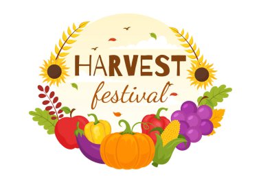 Pumpkins, Maple Leaves, Fruits, Sebze ve Flat Şablonu 'nda Mutlu Sonbahar Festivali İllüstrasyonları