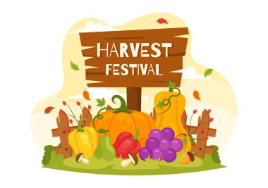 Pumpkins, Maple Leaves, Fruits, Sebze ve Flat Şablonu 'nda Mutlu Sonbahar Festivali İllüstrasyonları