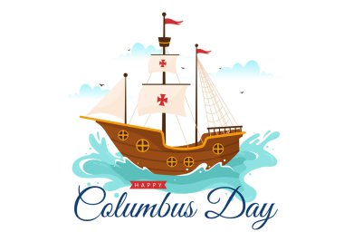 Düz Çizgi Film El Şablonlarında Amerikan Bayrağı ve Gemi Geçmişli Ulusal Usa Tatili 'nin Kolomb Günü Vektör Resimleri