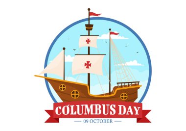 Düz Çizgi Film El Şablonlarında Amerikan Bayrağı ve Gemi Geçmişli Ulusal Usa Tatili 'nin Kolomb Günü Vektör Resimleri