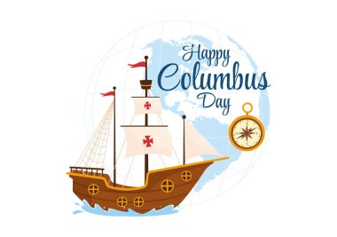 Düz Çizgi Film El Şablonlarında Amerikan Bayrağı ve Gemi Geçmişli Ulusal Usa Tatili 'nin Kolomb Günü Vektör Resimleri