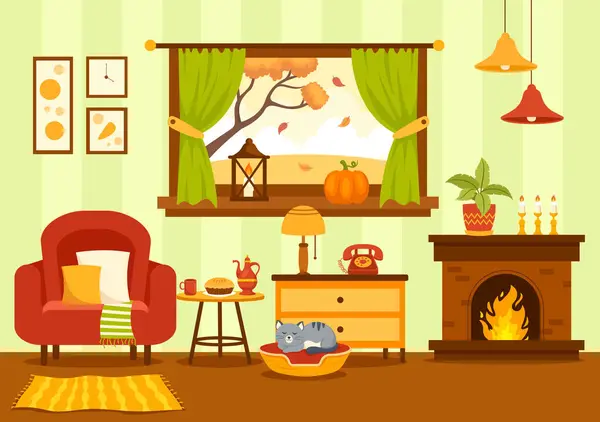 Herbst Gemütliche Home Decor Vector Illustration Mit Wohnzimmer Innenmöbel Hintergrundelemente — Stockvektor