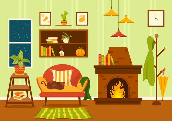 Illustration Vectorielle Décor Maison Confortable Automne Avec Des Éléments Fond — Image vectorielle