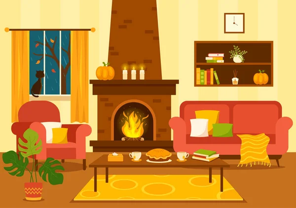 秋の居心地の良い家の装飾のベクターのイラスト リビングルームのインテリア家具の背景の要素 フラット漫画手描きテンプレート — ストックベクタ