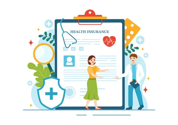 Sjukförsäkring Vektor Illustration Med Medicinska Dokument Formulär För Hälso Och — Stock vektor
