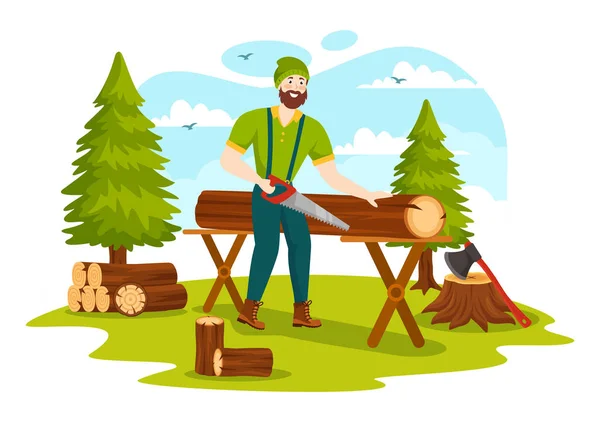 Men Chopping Wood Cutting Tree Lumberjack Work Equipment Machinery Chainsaw — Stock Vector