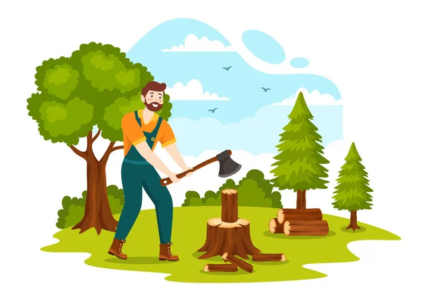 Men Chopping Wood Cutting Tree Lumberjack Work Equipment Machinery Chainsaw — Stock Vector