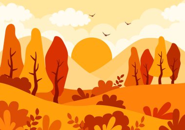 Sonbahar Manzarası Arka plan Vektör Resimleri Dağlar, Tarlalar, Ağaçlar ve Sonbahar Yaprakları Düz Çizgi Film Doğal Panorama Şablonlarında