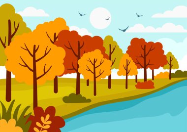 Sonbahar Manzarası Arka plan Vektör Resimleri Dağlar, Tarlalar, Ağaçlar ve Sonbahar Yaprakları Düz Çizgi Film Doğal Panorama Şablonlarında